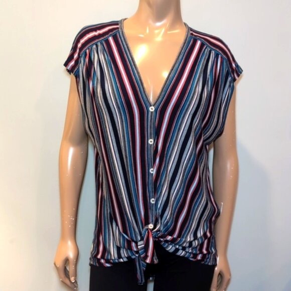 3/$20 MAX STUDIO Barcode Striped Top Tie Hem Blouse Vneck Buttoned Cap Sleeve - Picture 11 of 14